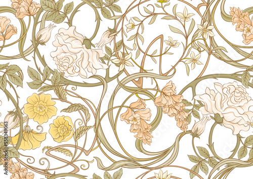 Decorative flowers and leaves in art nouveau style, vintage, old, retro style. Seamless pattern, background. Vector . In art nouveau style, vintage, old, retro style. photo