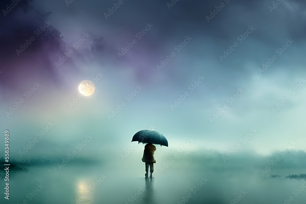 Person with Umbrella Under the Moon on Misty Beach wth Fog and Clouds