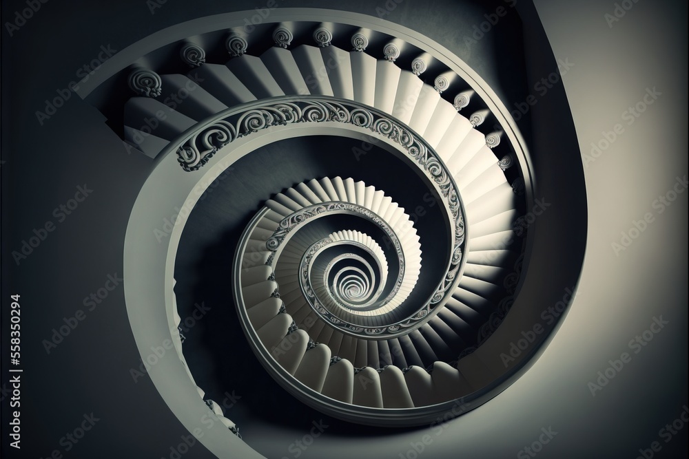 Fototapeta premium a spiral staircase in a building with a black and white photo of the top of the spiral stair case, with a black and white photo of the bottom part of the staircase in the background.