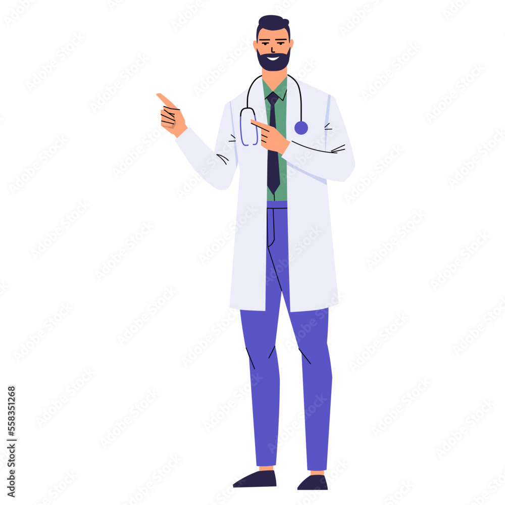 Bearded doctor is pointing at something with the index fingers of both hands. Presents, demonstrates. A medical worker with a stethoscope and in a white coat. Smiling character isolated on white. Flat Bearded doctor is pointing at something with the index fingers of both hands. Presents, demonstrates. A medical worker with a stethoscope and in a white coat. Smiling character isolated on white. Flat