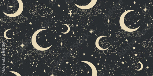 Celestial star seamless pattern with moon and constellation, boho background for tarot, astrology, zodiac signs on black night sky, cosmic vector illustration.