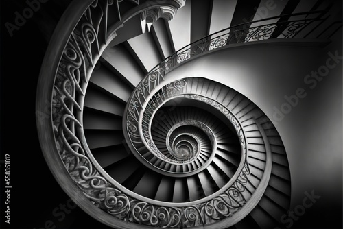 a spiral staircase in black and white with a spiral staircase in the middle of the spirals is a spiral staircase with intricate designs on the top of the spirals of the spirals.