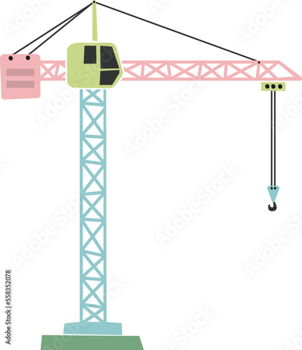 scandi style construction machinery vector illustration for children, tower crane isolated on white background