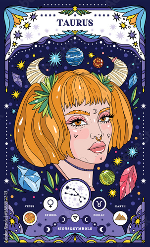 Taurus sign of the zodiac. Modern magical astrological map. Magical girl, stars, moon, constellation, hand-drawn signs. Vector illustration