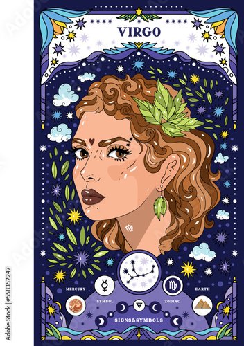 Virgo sign of the zodiac. Modern magical astrological map. Magical girl, stars, moon, constellation, hand-drawn signs. Vector illustration