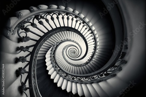 a spiral staircase in black and white with a spiral staircase in the middle of the spiral staircase is the center point of the spiral stair stairs of the spiral staircase, with the spiral.
