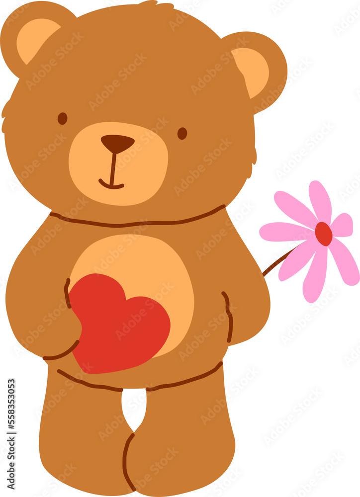 Cute bear holding red heart and pink flower Cute bear holding red heart and pink flower