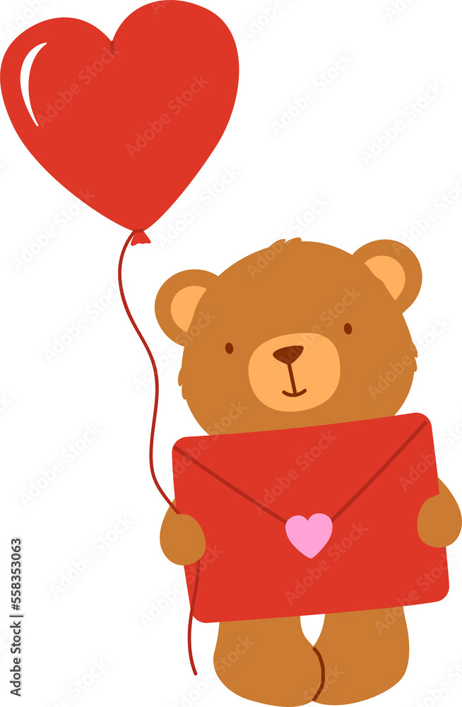 Obraz premium Cute bear caring love letter and red heart balloon