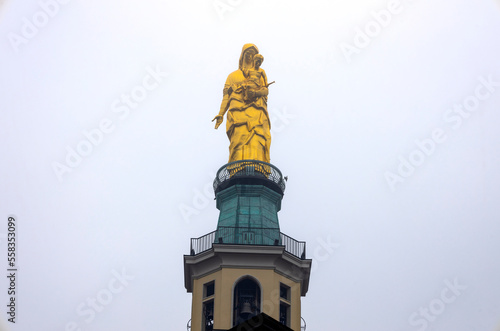 Golden statue of the Madonna della Guardia from the Sanctuary of Tortona with the Child Jesus,Alessandria province, Piedmont, Italy