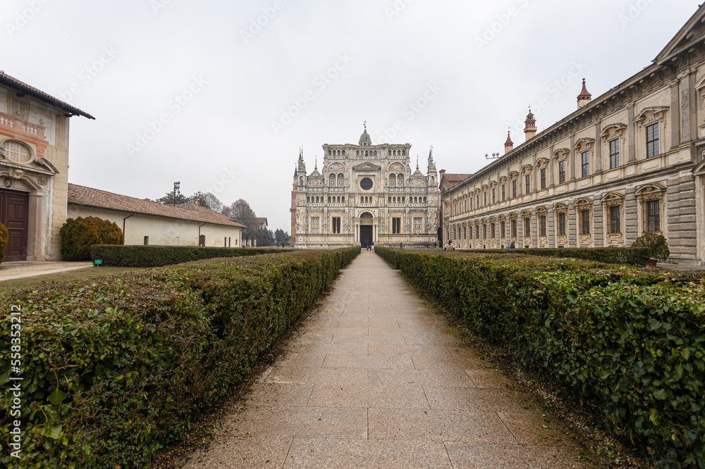 PAVIA, ITALY, DECEMBER 28, 2022 - View of Certosa of Pavia, Monastery of Santa Maria delle Grazie, the historical monumental complex including a monastery and a sanctuary, near Pavia, Lombardy, Italy