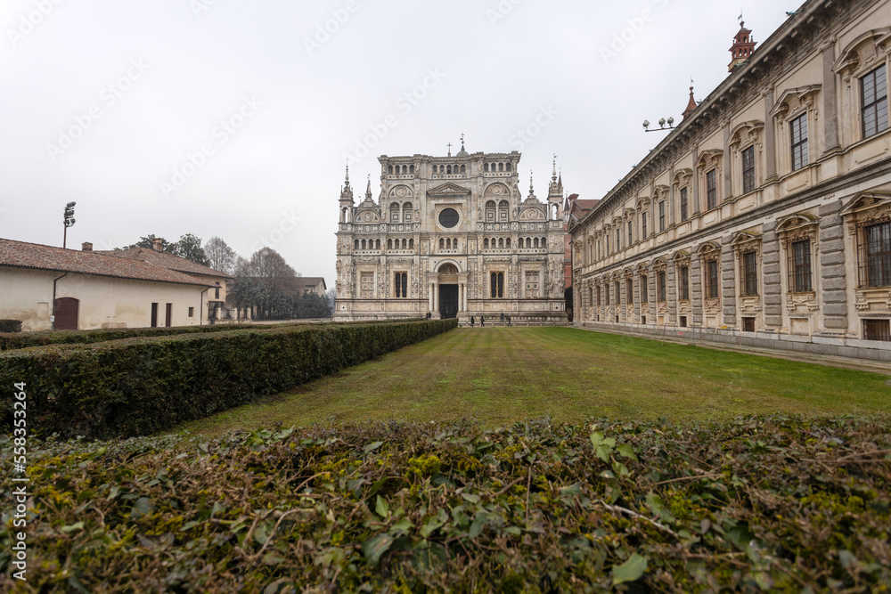 PAVIA, ITALY, DECEMBER 28, 2022 - View of Certosa of Pavia, Monastery of Santa Maria delle Grazie, the historical monumental complex including a monastery and a sanctuary, near Pavia, Lombardy, Italy