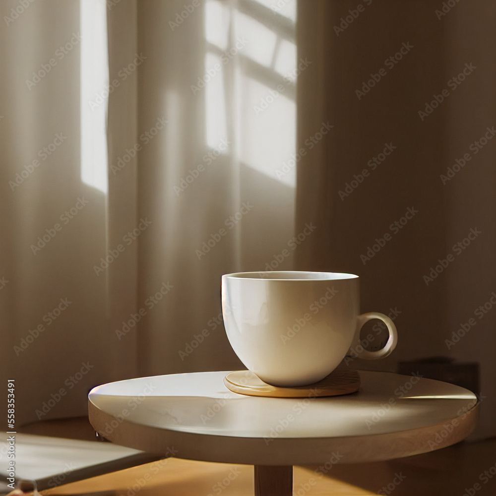 cup of coffee on white round table in minimalism style cup of coffee on white round table in minimalism style
