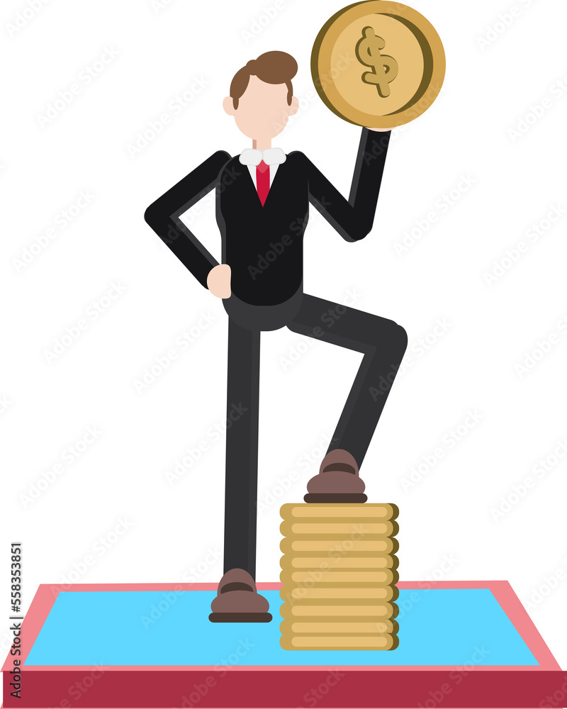 businessman standing above and holding a coin in hand