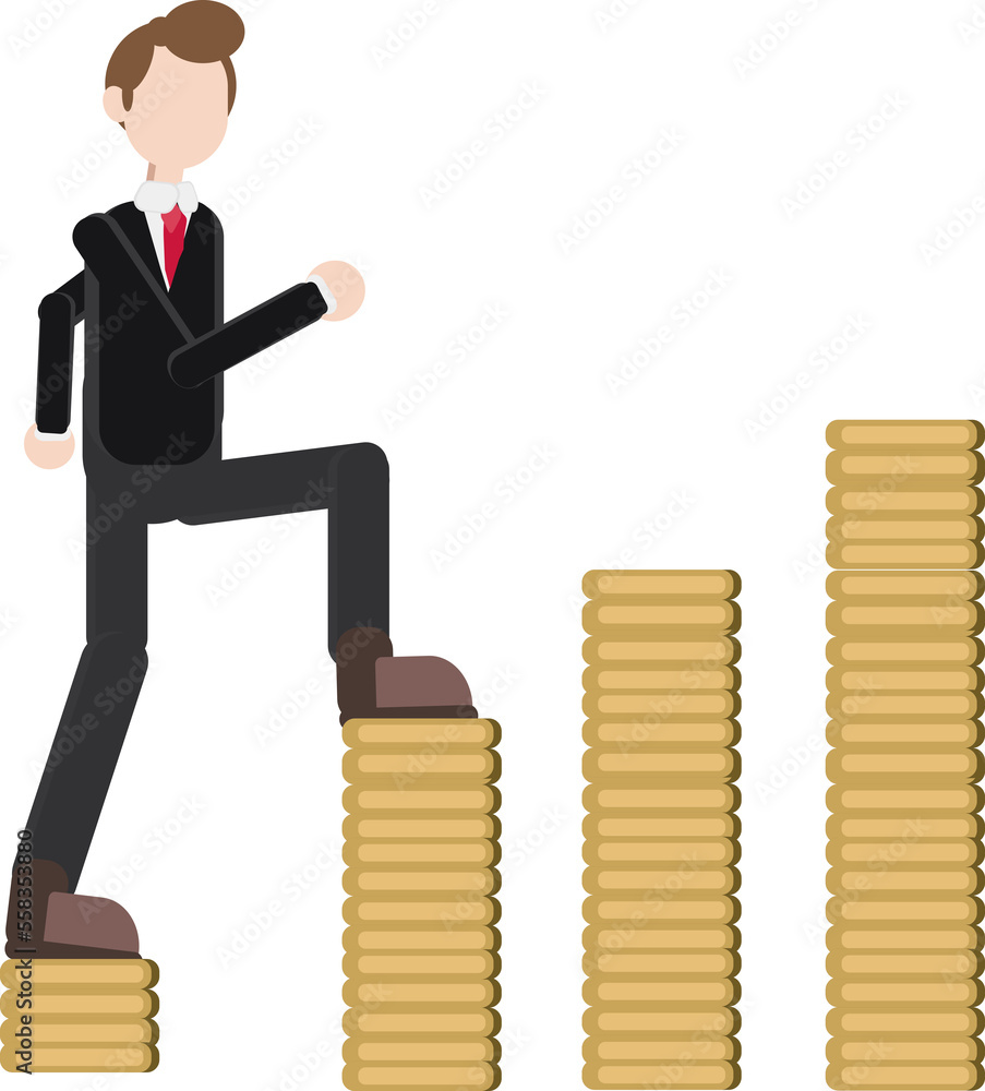 businessman climbing higher pile of coins, successful growing investment increase concept