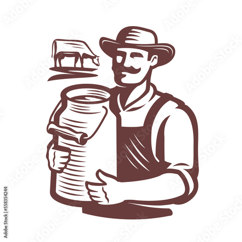 Happy farmer holding can of fresh milk, near grazing cow. Dairy farm, creamery emblem or logo. Food and drink concept