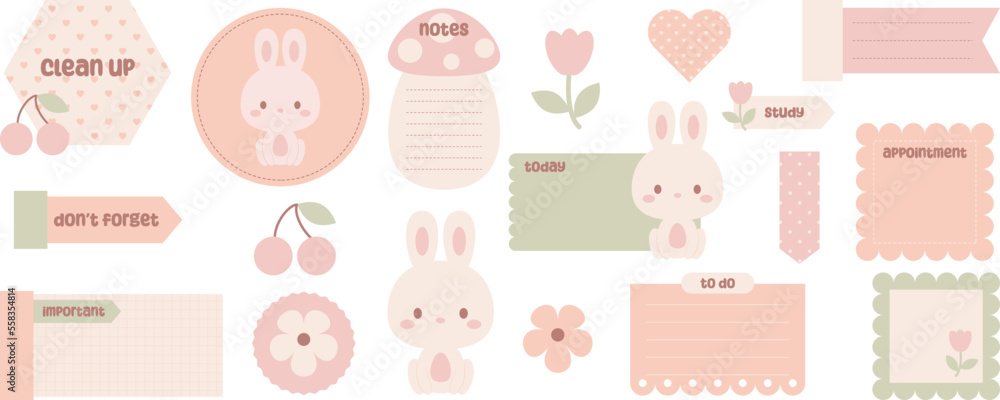 Cute digital note papers and stickers for bullet journaling or planning. Kawaii bunny, flower, cherry. Ready to use digital stickers for digital planner. Vector art. Cute digital note papers and stickers for bullet journaling or planning. Kawaii bunny, flower, cherry. Ready to use digital stickers for digital planner. Vector art.