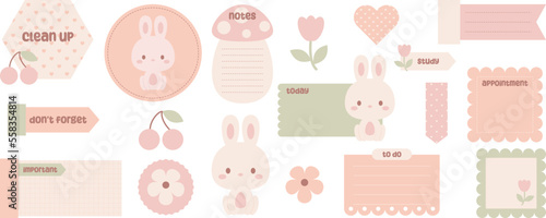 Cute digital note papers and stickers for bullet journaling or planning. Kawaii bunny, flower, cherry. Ready to use digital stickers for digital planner. Vector art.