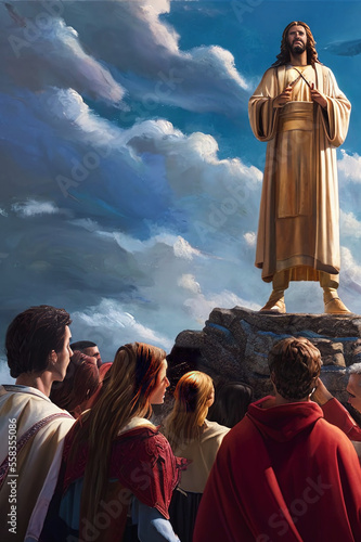 low angle illustrational view of jesus christ in white clothes staying on a rock above people and teaching crowd cloudy sky as background, generative AI