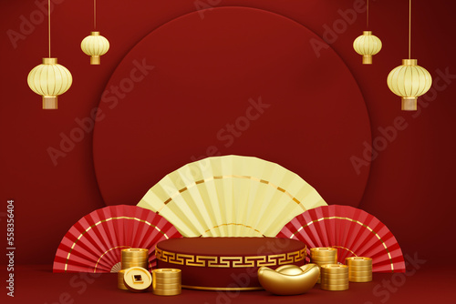 Chinese New Year, Zodiac, Golden Rabbit and Red Lantern.3d illustration
