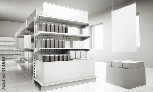Box with products, packages mockup, Shelves in supermarket, Banner hangging in store, 3D rendering	