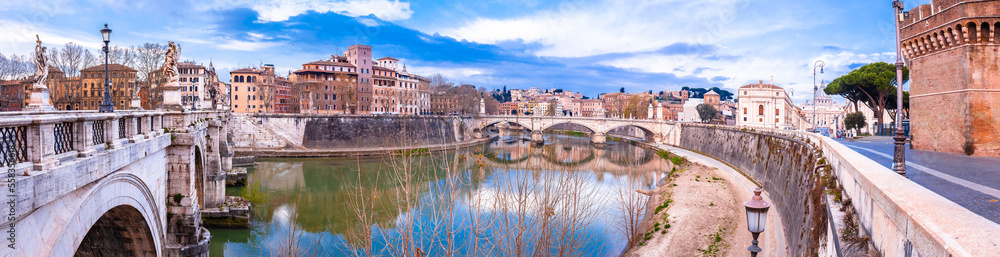 Rome Tiber river and Sant Angelo bridge panoramic view