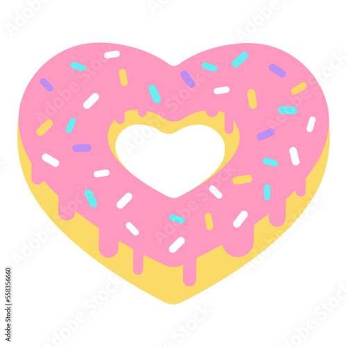 Cartoon Valentine Day icon donut heart of heart shape. Love symbol in the fashionable line art style. The sweet chocolate hearts are soft pink, red, and coral colors. Vector illustration isolated on