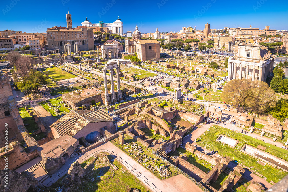 Historic Rome ruins on Forum Romanum view from above, eternal city of Rome