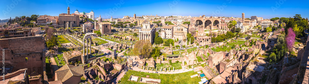 Historic Rome ruins on Forum Romanum panoramic view from above