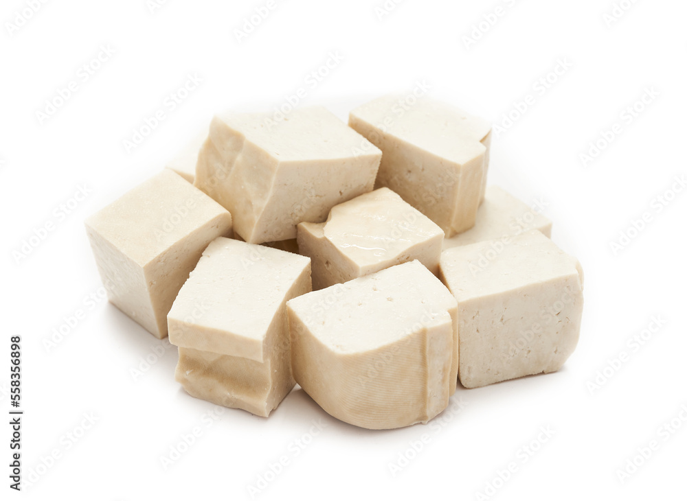 pile of white cube Tofu isolated on white background. fresh white cube tofu isolated on background. heap of white cube tofu isolated on background 