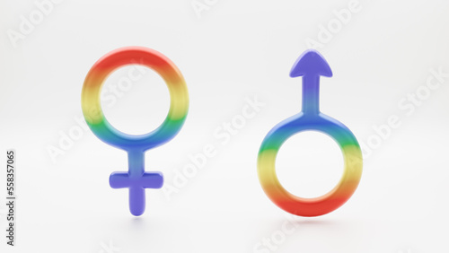 male and female symbol icon on white background ,rainbow color, 3d rendering