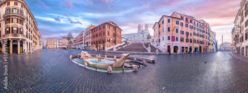 Piazza di Spagna square and Fontana della Barcaccia fountain in Rome morning panoramic view
