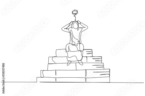 Cartoon of muslim woman stressed because of paperwork. Single continuous line art