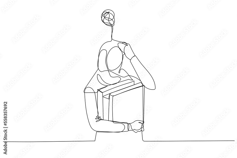 Drawing of stress muslim woman having headache while holding folder of document. One line art style