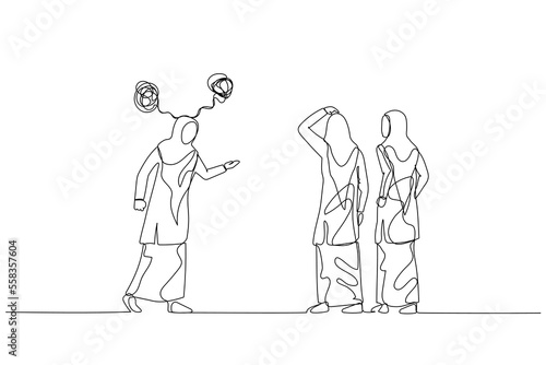 Drawing of muslim woman get angry to calm coworker metaphor of difficult people. Single continuous line art style