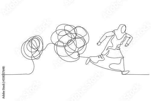 Cartoon of muslim woman running away from tangled line ball concept of avoid problem. Single continuous line art