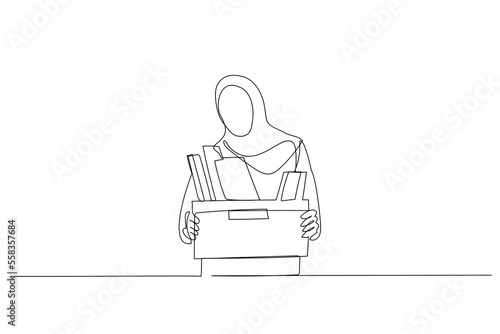Illustration of stress muslim woman stand holding box full of belonging after being fired. Single continuous line art style