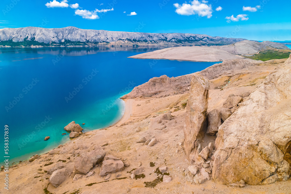 Metajna, island of Pag. Famous Beritnica beach in stone desert amazing scenery aerial view