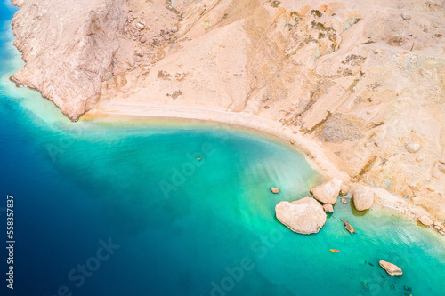 Metajna, island of Pag. Famous Beritnica beach in stone desert amazing scenery aerial view