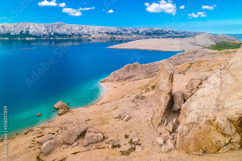 Metajna, island of Pag. Famous Beritnica beach in stone desert amazing scenery aerial view