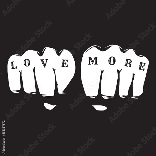 Ink Brush Illustration of two fists with the words LOVE and MORE tattoed on the knuckles