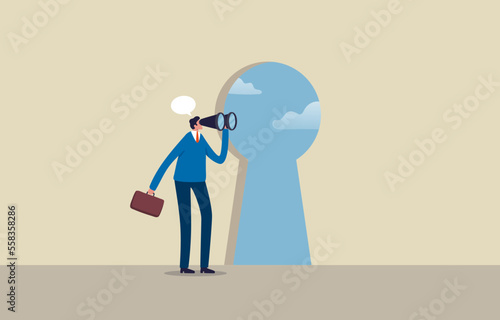 Key to opening up new opportunities. Decision for new challenge. Businessman finds new business opportunities. Illustration