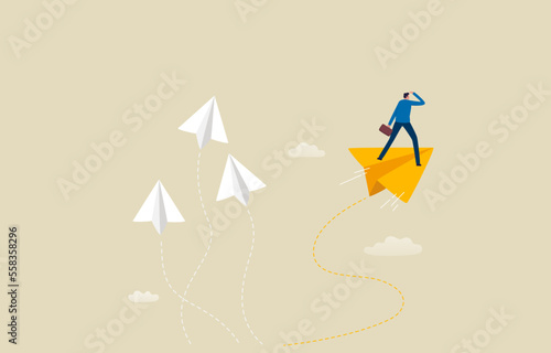 Different choices. New opportunity, Direction career or business vision. Leadership, trends, creative solution and unique way. Businessman flies origami paper plane to find opportunity. Illustration