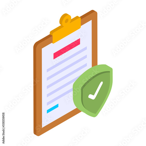 Insurance policy file folder form isometric Concept, Claim settlement Vector Icon Design, Financial loss Protection Symbol, Risk management Sign, Clip Board with Shield Stock illustration