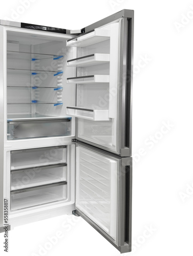 New refrigerator isolated on white background. Front view of modern stainless steel refrigerator with opened doors. Fridge freezer isolated