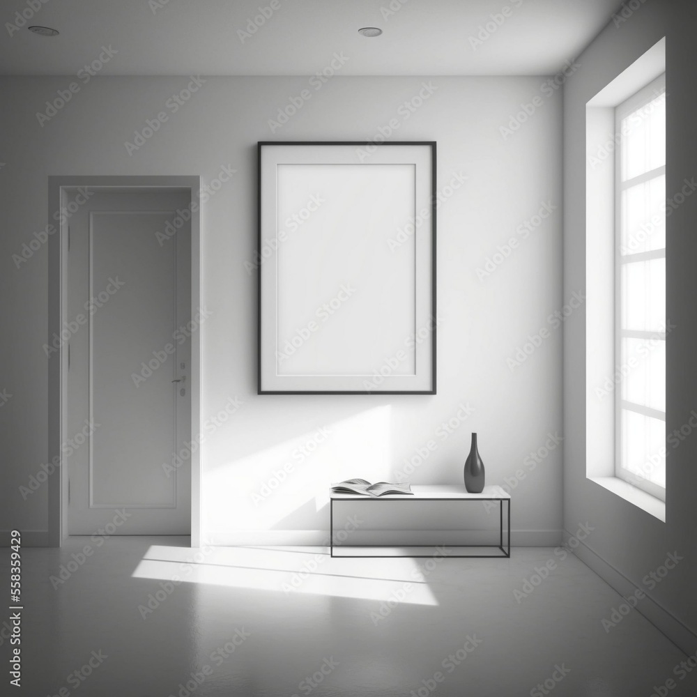 Fototapeta premium a minimalist room with an empty white picture hanging on the wall in a frame