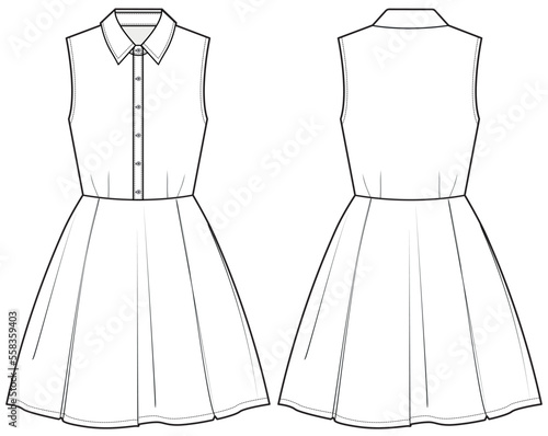 womens sleeveless shirt dress flat sketch technical cad drawing vector template