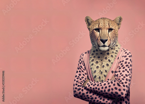 Fototapeta Naklejka Na Ścianę i Meble -  Pastel pink illustrated portrait of a leopard standing and posing in an animal leopard print sweater. Abstract half animal half man. Illustration. Generative AI.
