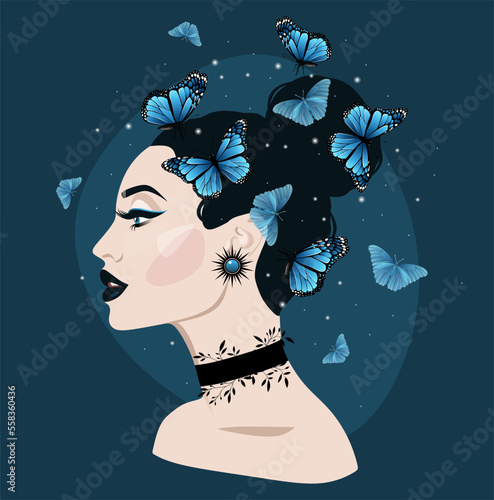 Side portrait of magic woman face on blue background. Beautiful woman with butterflies flying over her head.