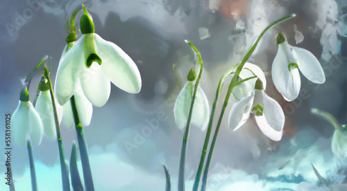 Snowdrops in snow, digital watercolour painting of the beautiful soft winter scene. Close-up of the blossoming snowdrop flowers. 