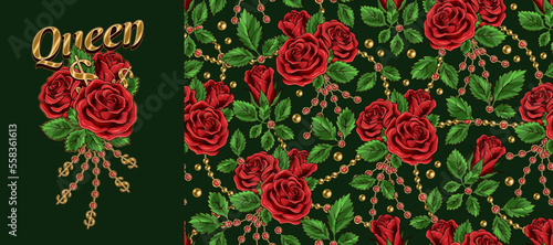 Set of pattern, emblem with text Queen, lush blooming red roses, gold ball chains with rhinestones. Black background. Vector vintage illustration. For T-shirt, clothing, surface design